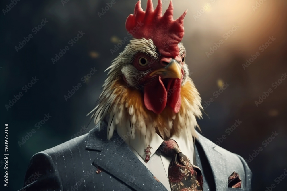 Portrait of a Rooster dressed in a formal business suit, created with generative AI