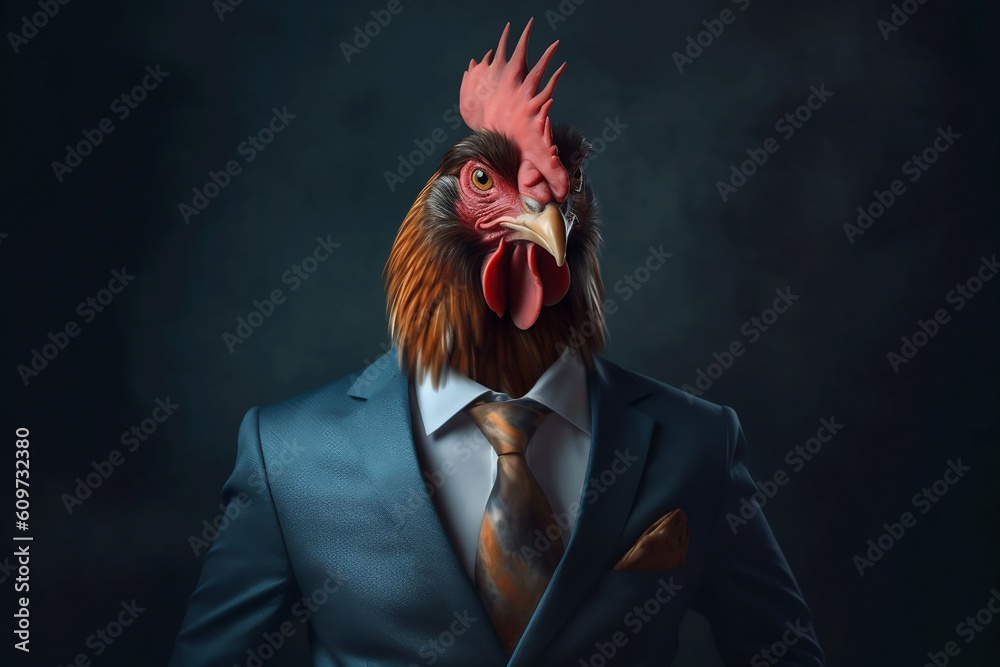 Portrait of a Rooster dressed in a formal business suit, created with generative AI