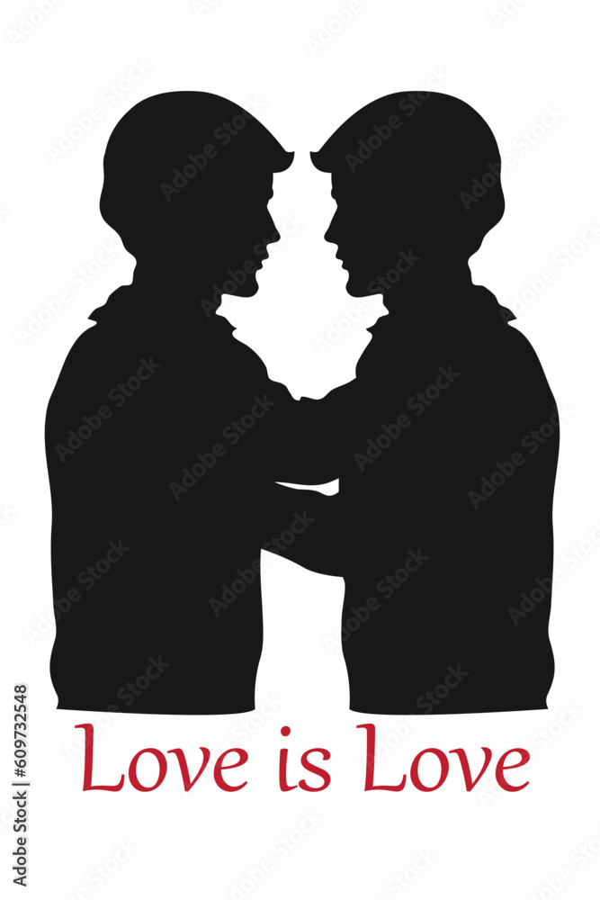 Black silhouette of a male couple on a white background, with the inscription love is love in red