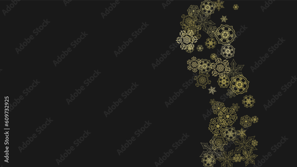 Gold snowflakes frame on black background. New year theme. Horizontal shiny Christmas frame for holiday banner, card, sale, special offer. Falling snow with gold snowflake and glitter for party invite Gold snowflakes frame on black background. New year theme. Horizontal shiny Christmas frame for holiday banner, card, sale, special offer. Falling snow with gold snowflake and glitter for party invite