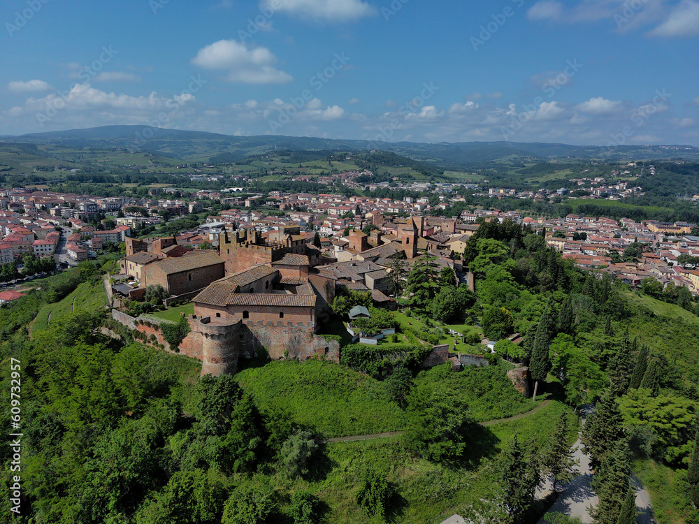 aerial view of the fortified walls of the medieval town of Certaldo in Tuscany