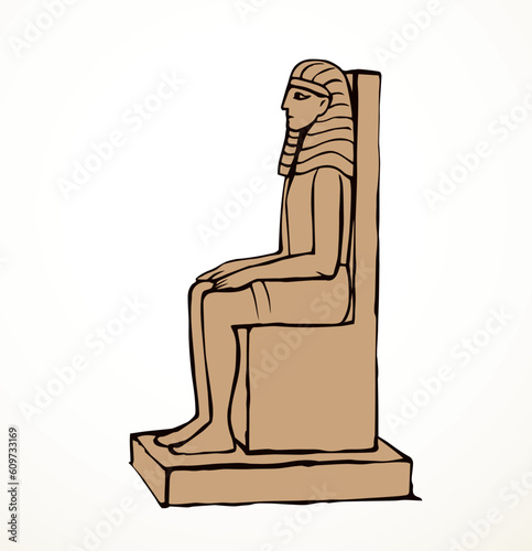 Vector drawing. Egyptian male statue. Pharaoh on the throne