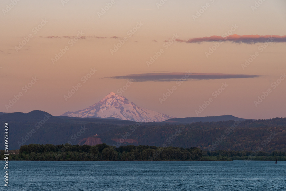 Mt Hood over vista house and Columbia River during June sunset, Oregon and Washington 