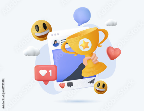 3d icon winning golden trophy. competition award winner business concept, social media stars for rewards ceremony. Award