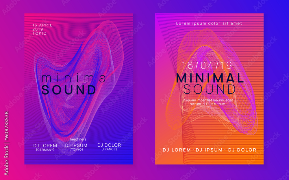 Neon music poster. Electro dance dj. Electronic sound fest. Club event flyer. Techno trance party.