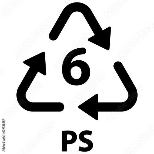 Black single plastic recycle PS 6 icon, simple recycle code flat design vector pictogram, infographic for app logo web website button ui ux interface elements isolated on white background