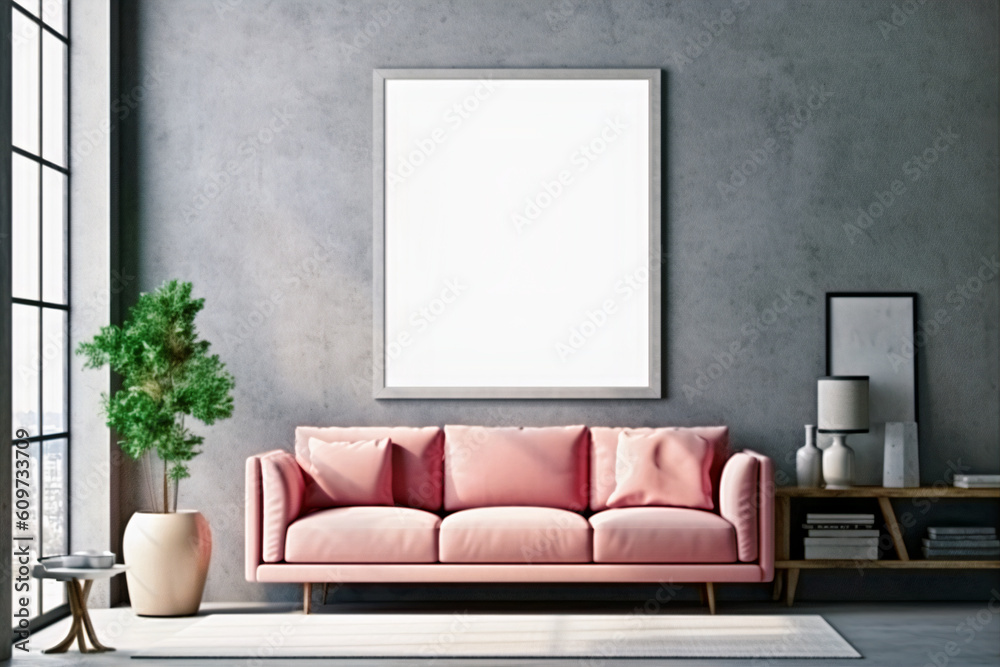 Mockup of 1 empty wall frame on gray concrete wall in living room interior with modern furniture, big window, loft, pink Mockup of 1 empty wall frame on gray concrete wall in living room interior with modern furniture, big window, loft, pink