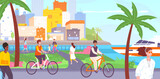 Riding bike on seaside. Man and woman cyclist ride to beach, people biking or walking in sea city tropical landscape, happy travelers at rent travel bicycles, vector illustration