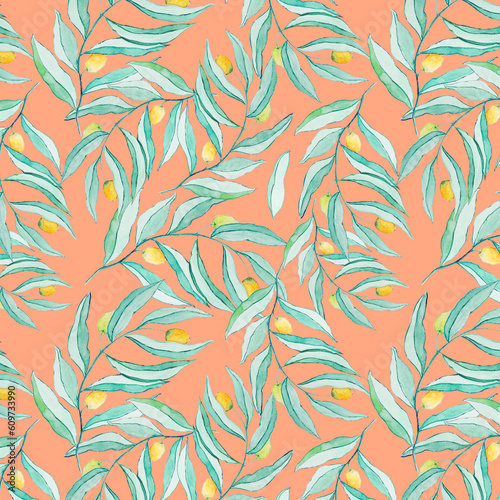 Modern orange watercolor illustration with small colorful lemons and leaves pattern. Floral exotic print. Abstract tropical background. Lemon citrus texture background