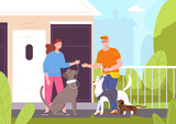 Dog walker job. Professional dog-sitter or daycare pet service teen worker taking puppy for training walking, garder with dogs animal sitter companion, vector illustration
