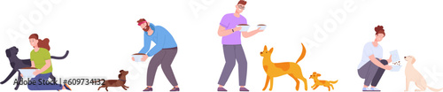 People feeding dogs. Volunteering organization of animal pound support street stray dog, hungry animals begging, man feed in bowl homeless sit doggies splendid vector illustration