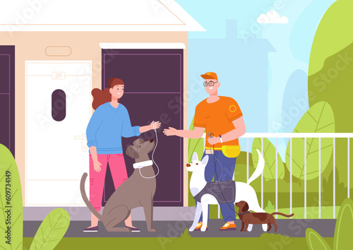 Dog walker job. Professional dog-sitter or daycare pet service teen worker taking puppy for training walking, garder with dogs animal sitter companion, vector illustration photo
