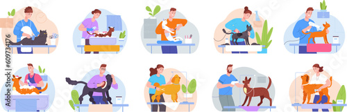 Groomers service. Dog and cat pet in feline or canine hairdresser salon for beauty haircut, grooming concept, people washing cat dryer fur animal care vector illustration