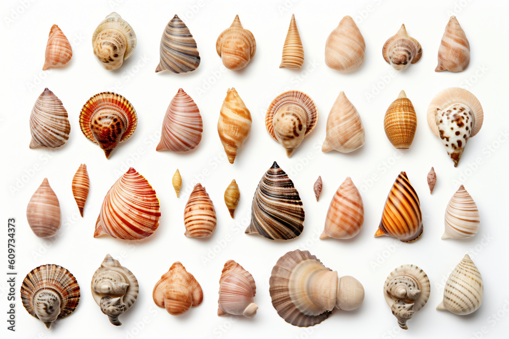 A close up of a group of shells on a white surface, Generative Ai, Generative Ai A close up of a group of shells on a white surface, Generative Ai, Generative Ai