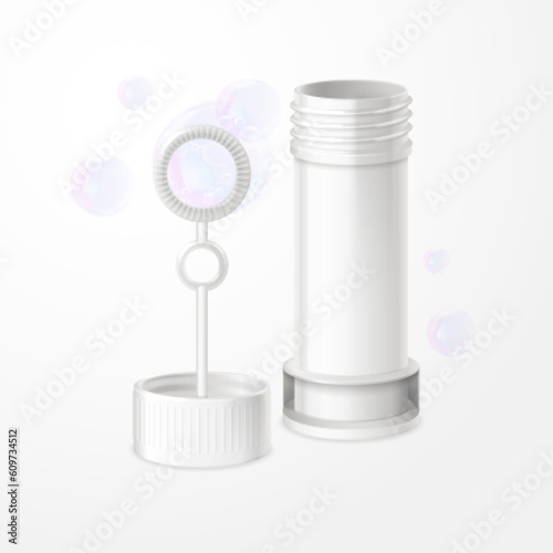 Bubble wand. Soap bubbles blower 3d realistic mockup, stick and bottle for blowing fun foam sphere preschool children fun toy water shampoo balls maker, exact vector illustration
