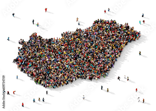 Large group of multiracial people gathered together in the shape of Hungary map, hungarian infographics concept, top view, on transparent background	 photo