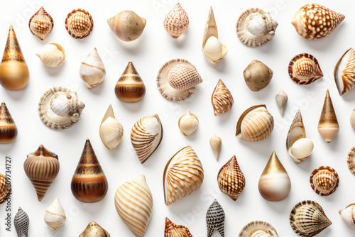 A close up of a bunch of shells on a white surface, Generative Ai
