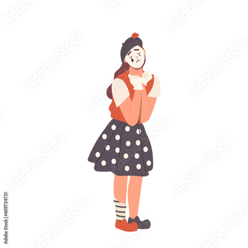 Isolated silent woman mime actress with crybaby mask on face showing sadness and dramatic mood