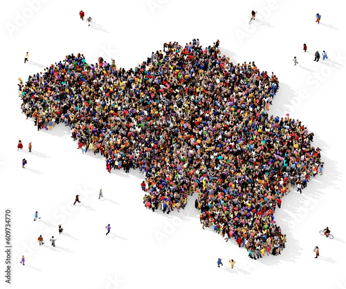 Large group of multiracial people gathered together in the shape of Belgium map, infographics concept, top view, on transparent background 