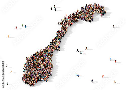 Large group of multiracial people gathered together in the shape of of Norway map, norwegian infographic concept, top view, on transparent background	 photo