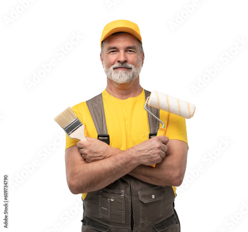 Fototapeta Naklejka Na Ścianę i Meble -  mature friendly painter. Isolated on transparent