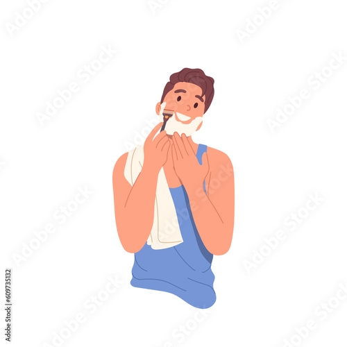 Young man cartoon character shaving mustache and beard on face with razor tool using cream foam