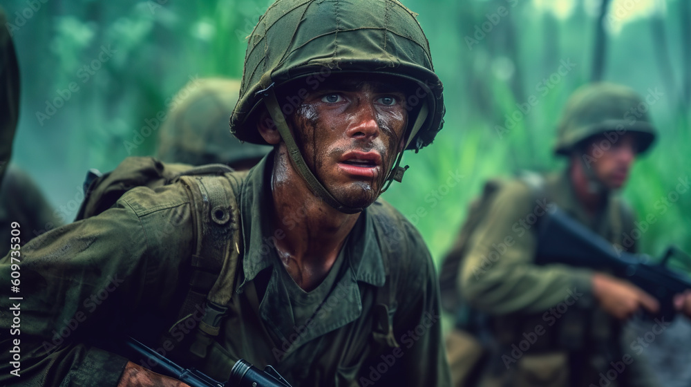 An American soldier moves through the jungle. Generative Ai