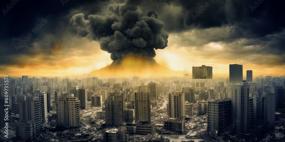 City disaster environmental illustrative. Dangerous war disaster destruction. Generative AI.