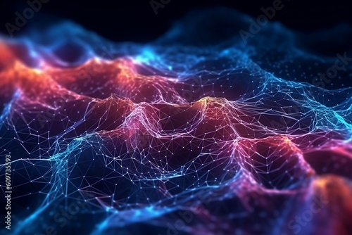 Blockchain data fields. Cyber big data flow.  Network neural line connect stream. Concept of AI technology, digital communication, science research, 3D illustration neural cells connections