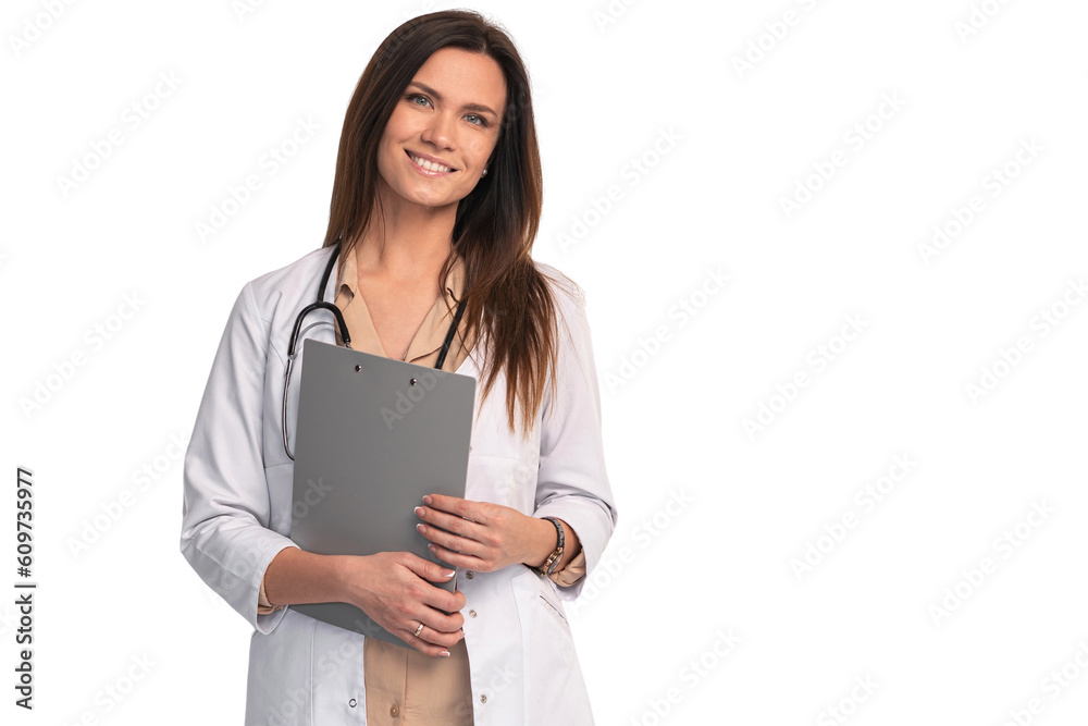 Smiling female medical worker in white coat isolated on transparent Smiling female medical worker in white coat isolated on transparent