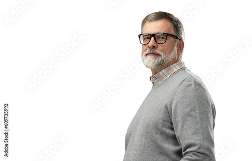 Portrait of happy casual mature man smiling, senior age man with gray hair, Isolated on transparent background, copy space