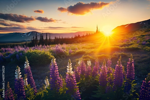 In the summer or early spring, with a hazy sky in the backdrop, the sun setting or rising on a hill covered with lupines. Landscape. Generative AI
