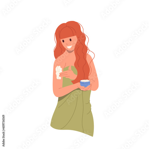 Young beautiful woman character wrapped in towel applying body cream using after shower cosmetics