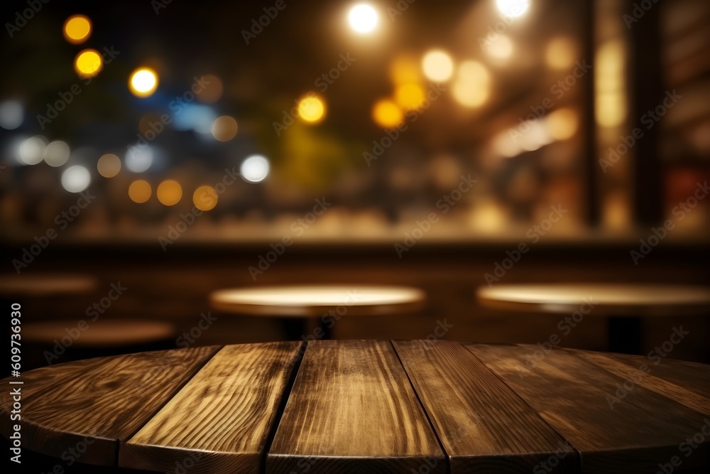 Empty wooden table for displaying products, mockup up with bokeh background, AI generated