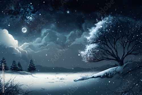 Abstract winter night landscape background, AI generated © Elena
