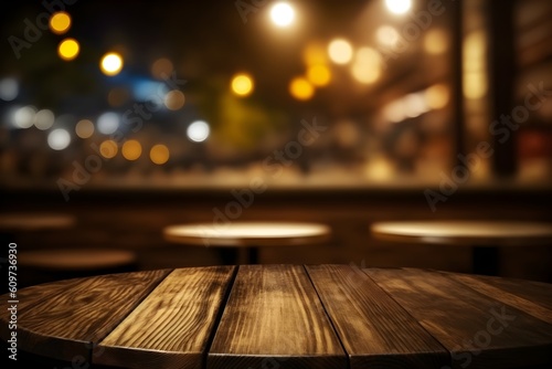 Empty wooden table for displaying products, mockup up with bokeh background, AI generated © Elena