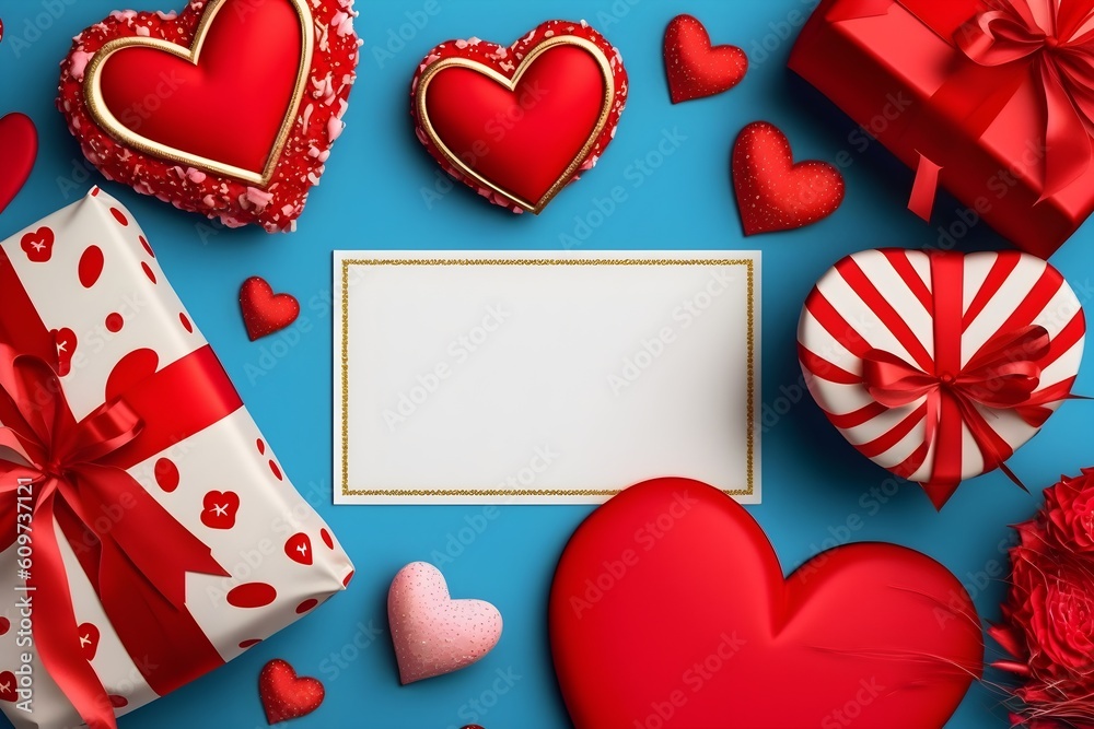 Red and pink hearts love background with mockup empty frame, AI generated