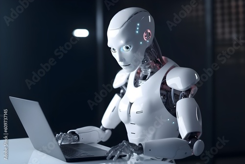 Robot with notebook, concept of Chat GPT and AI technology, AI generated