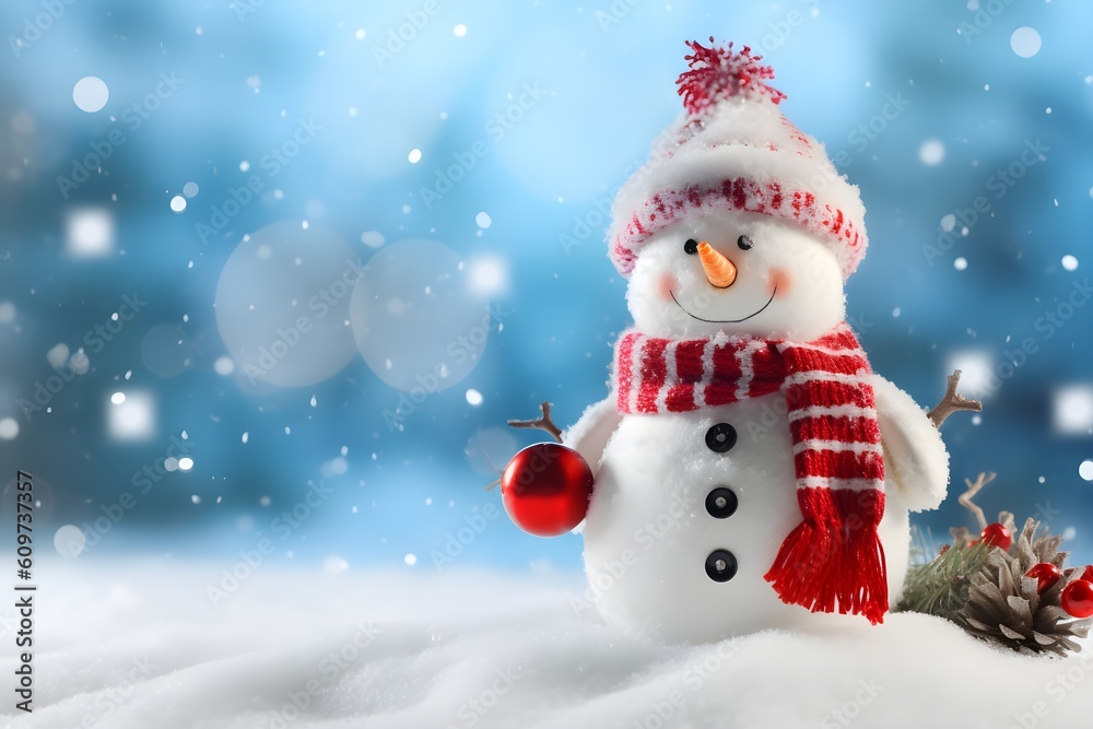 A cheerful snowman on a blue Christmas background with a bokeh effect, AI generated