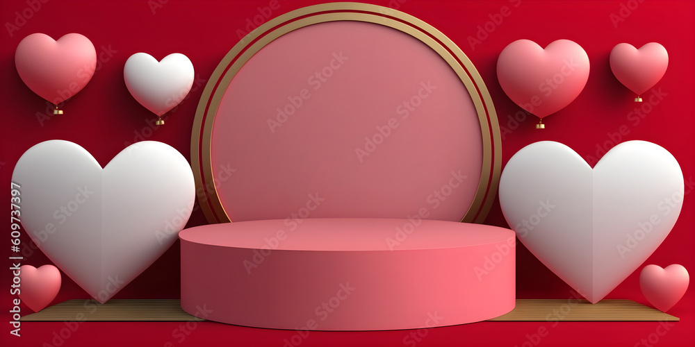 Simple podium with pink hearts. Valentine day concept. Products showcase mockup, AI generated