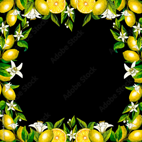 Watercolor frame lemon tree branch with flowers isolated on black background. Hand drawn botanical illustration of yellow citrus fruits. Clipart objects for design