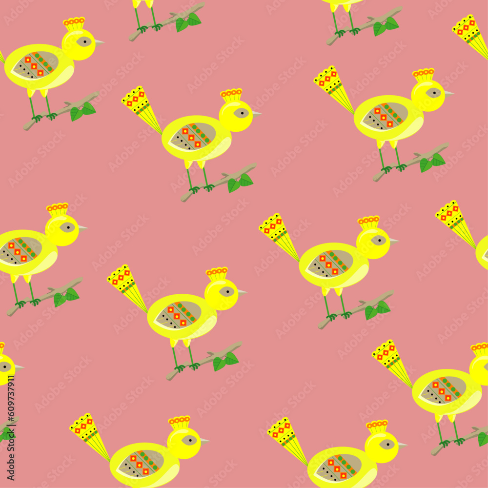 seamless pattern with yellow birds with ethnic motifs on a pink background. vector graphics