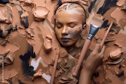 Portrait of beautiful young woman in camouflage cloth. Fashion shot. Generated AI