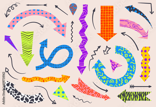 Various cartoon colorful playful arrow pointers set  in trendy style. Bright pointers in memphis style. Different textures and shapes. Dynamic arrow signs. Seamless pattern cow, tiger, zebra.