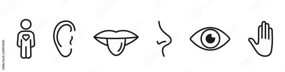 Sense organs icon. Vision, hearing, smell, touch, taste, intuition Sense organs icon. Vision, hearing, smell, touch, taste, intuition