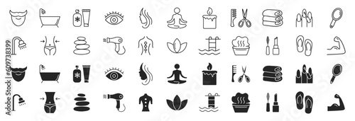 Beauty icons set. Linear and silhouette style