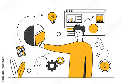 Data analytic scene. Trendy Business character. Financial management illustration. Personal finance management and financial literacy concept. Trendy character analytic. Vector illustration