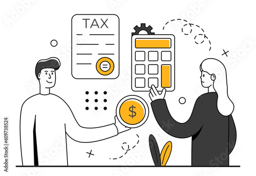 Tax calculating declaration illustration. Characters preparing documents for tax calculation, making income tax return and calculating business invoices. Trendy business people. Vector illustration