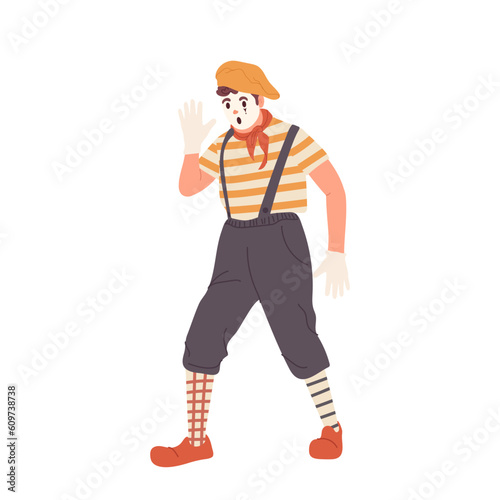 Isolated speechless mime actor cartoon male character showing shocked or surprised emotion