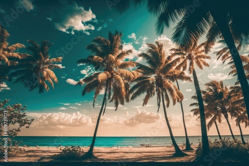 lovely tropical beach with coconut palm palms in the distance. Vintage toned coconut palm palms with a cloudy blue sky. Background idea for a summer trip. Generative AI